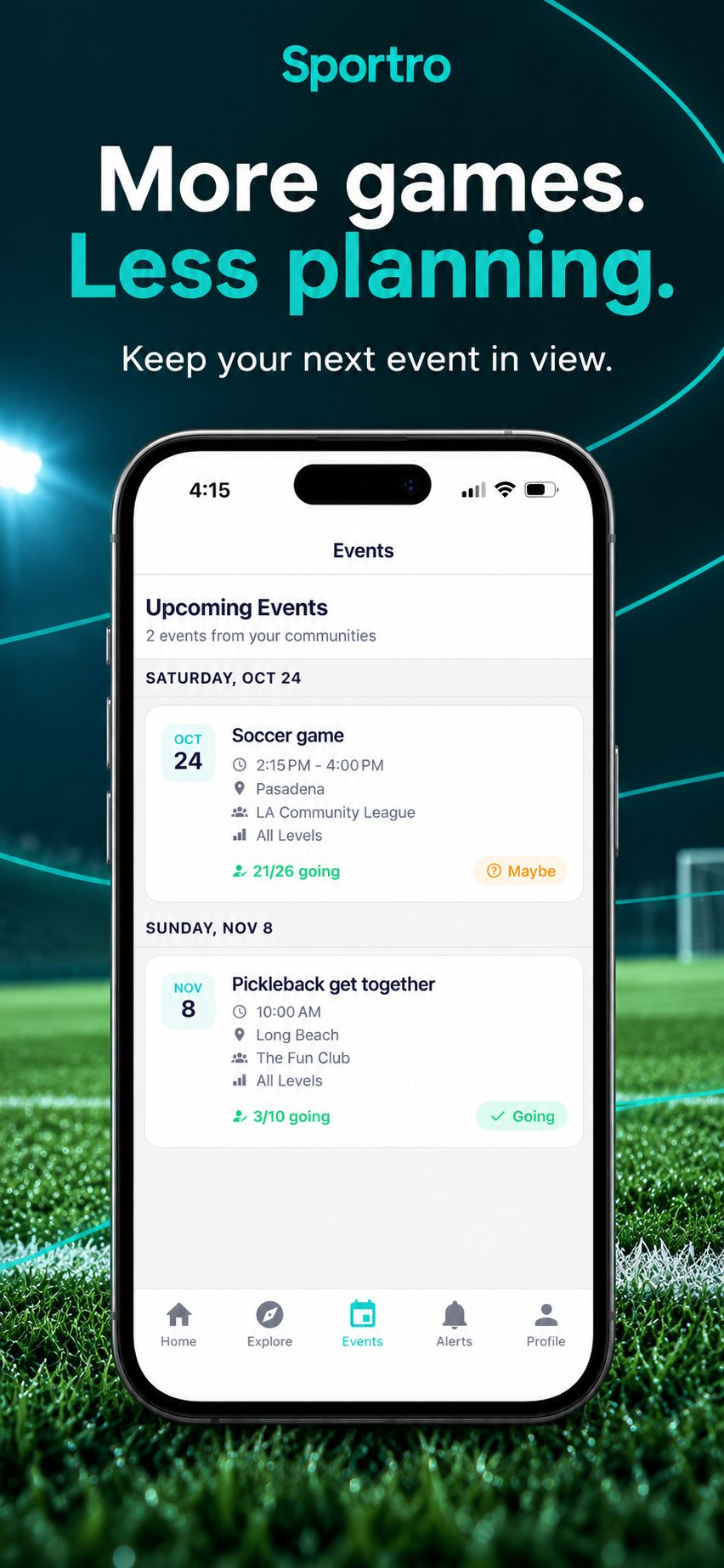 Sportro Events screen with upcoming games and RSVP counts