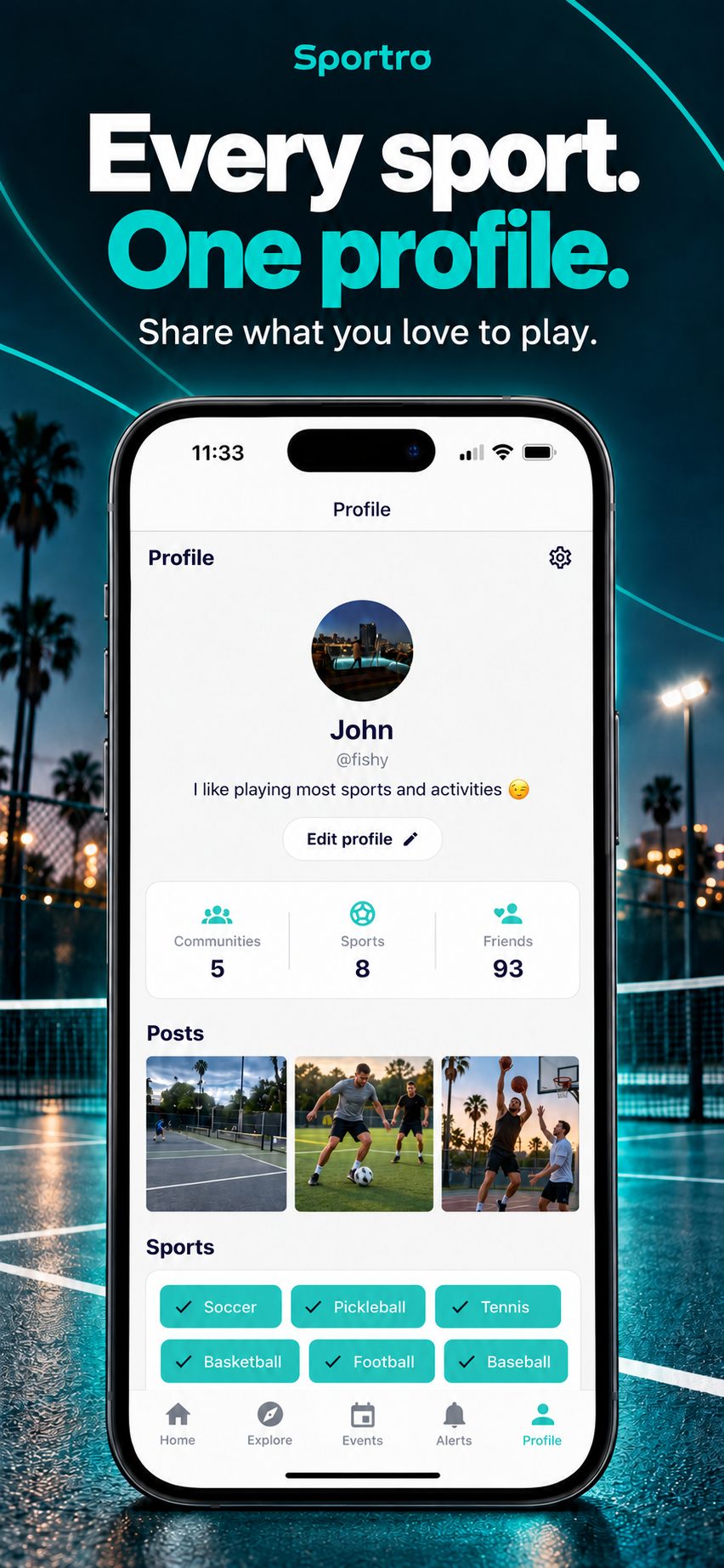 Sportro profile screen with sports and posts